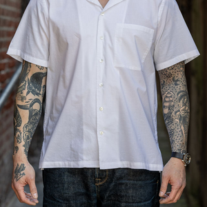 Hansen Garments Caleb Short Sleeve Cabana Shirt - White - model shot - front facing - alleyway backdrop