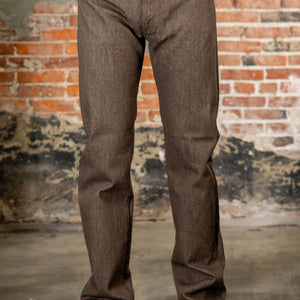 Pure Blue Japan BR-14oz-003 Regular Straight - 14oz Brown x White. on model front profile