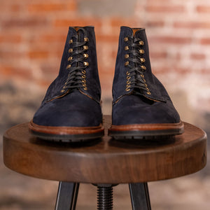 Navy blue suede cap toe boots front view