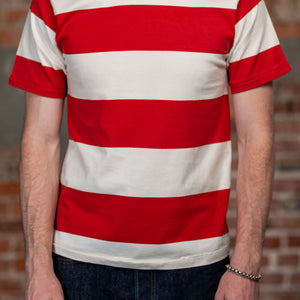 Freenote Cloth Mooch Tee - Red Stripe. on model front profile