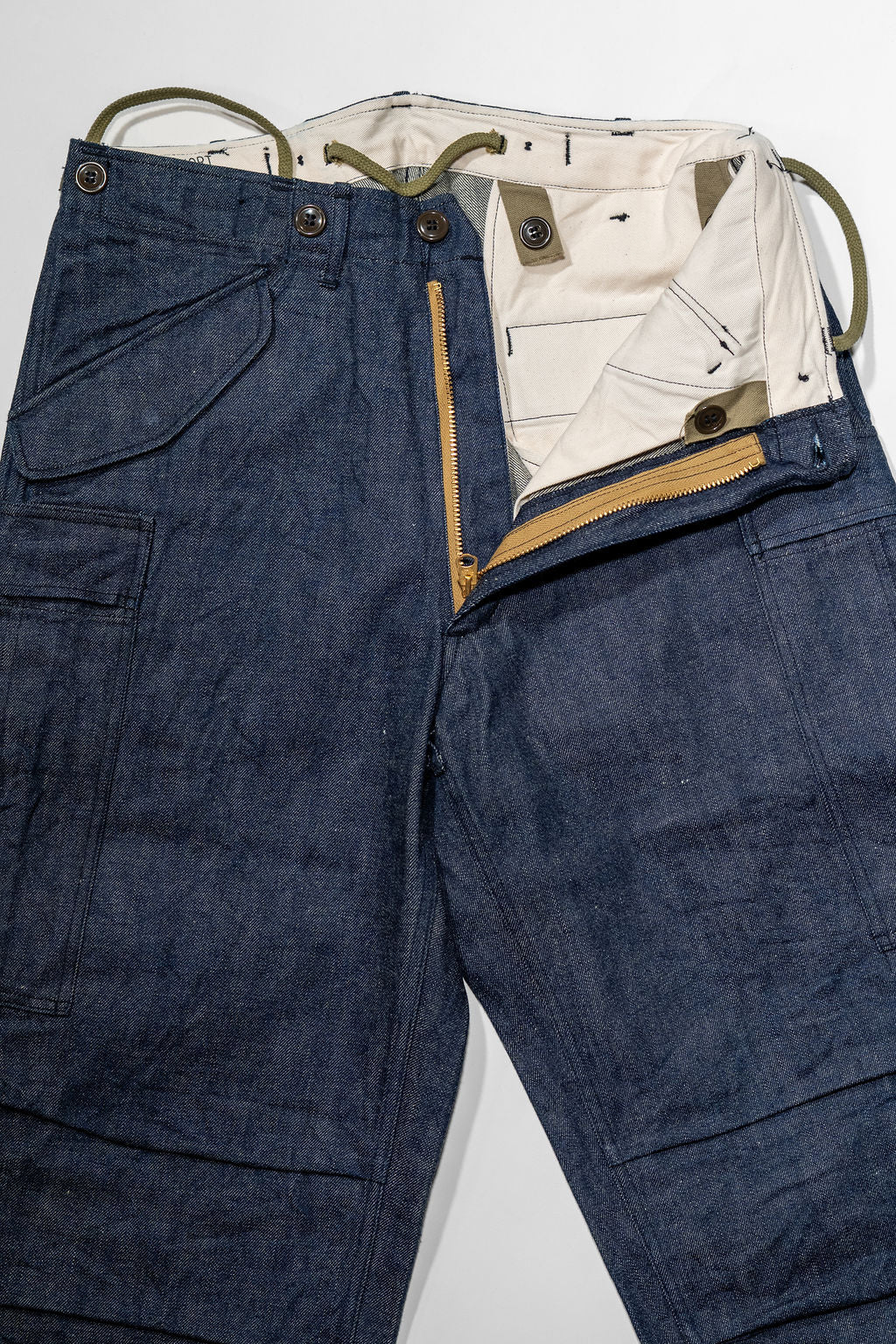 Buzz Rickson's BR42586 Type M-51 Trousers in Denim - Laying flat, front view zipper open