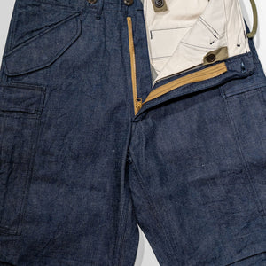 Buzz Rickson's BR42586 Type M-51 Trousers in Denim - Laying flat, front view zipper open