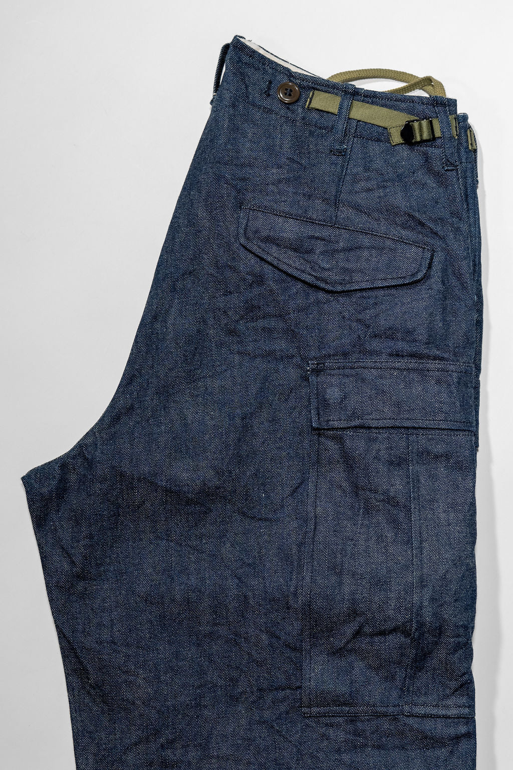 Buzz Rickson's BR42586 Type M-51 Trousers in Denim - Laying flat, folded showing back pocket