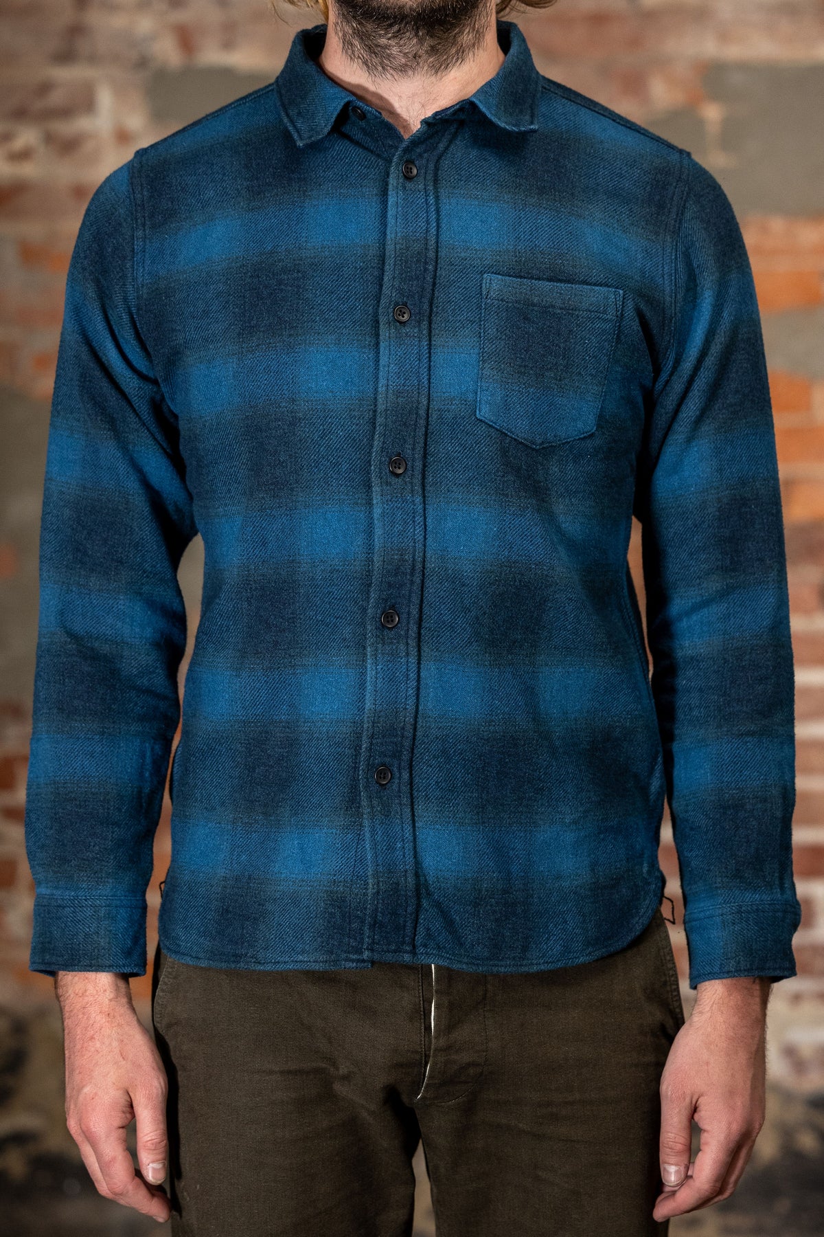 Pure Blue Japan 2235-BE Tweed Check  Shirt - Beige Indigo Overdye. on model front profile