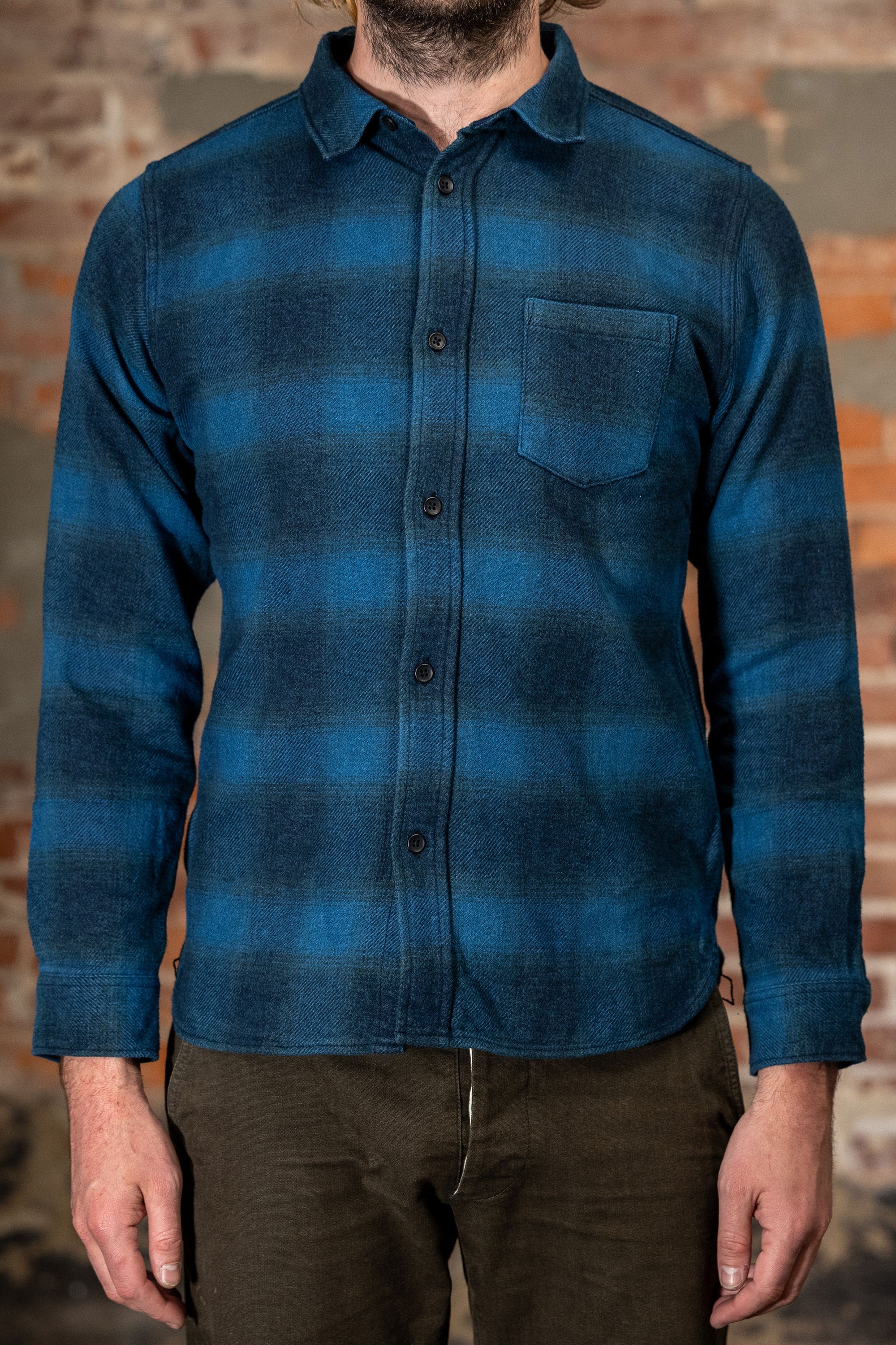 Pure Blue Japan 2235-BE Tweed Check  Shirt - Beige Indigo Overdye. on model front profile