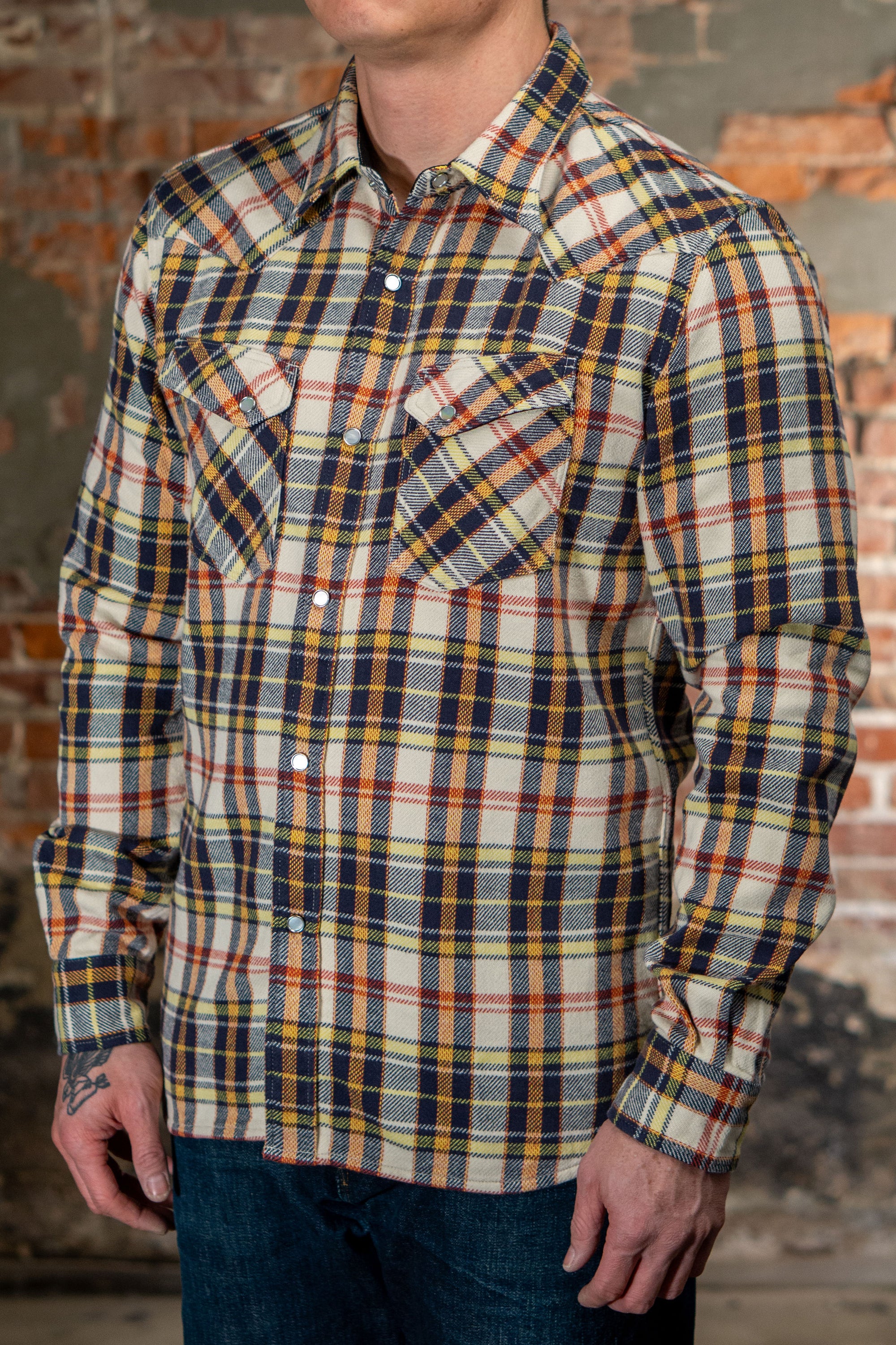 The Flat Head FN-SNW-014L Check Flannel Western Shirt - Ivory/Black