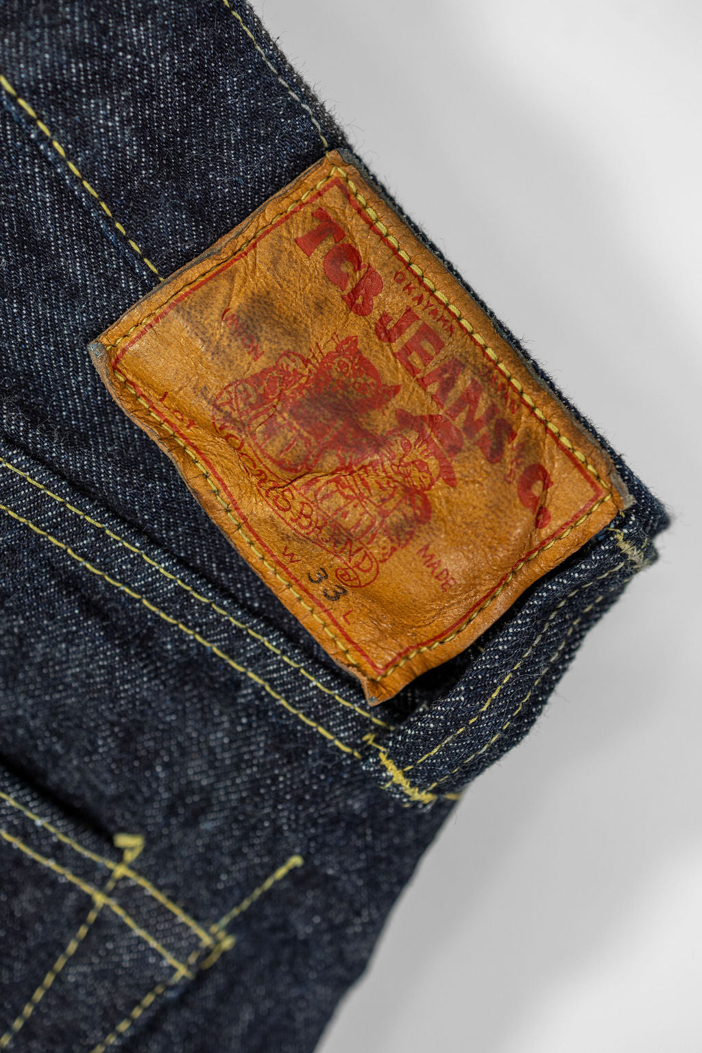 TCB Jeans S40's Jeans - One Wash. close up of leather patch