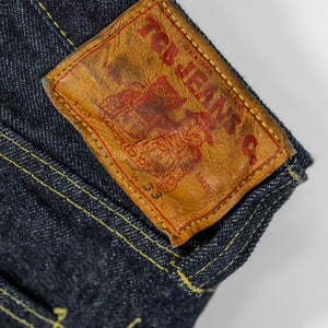 TCB Jeans S40's Jeans - One Wash. close up of leather patch