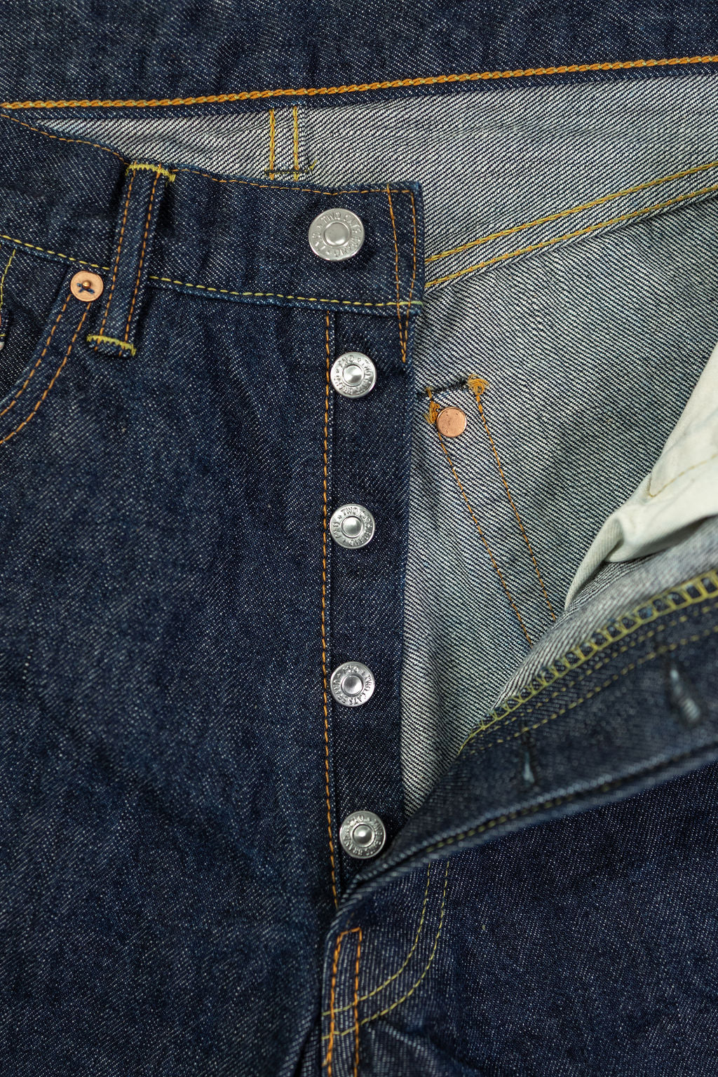 TCB Jeans 50's Jeans - 13.50z Denim One Wash. close up of front buttons