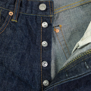 TCB Jeans 50's Jeans - 13.50z Denim One Wash. close up of front buttons