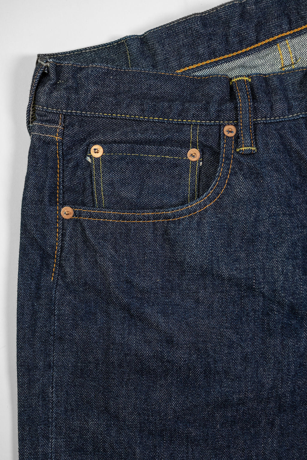 TCB Jeans 50's Jeans - 13.50z Denim One Wash. close up of front pocket