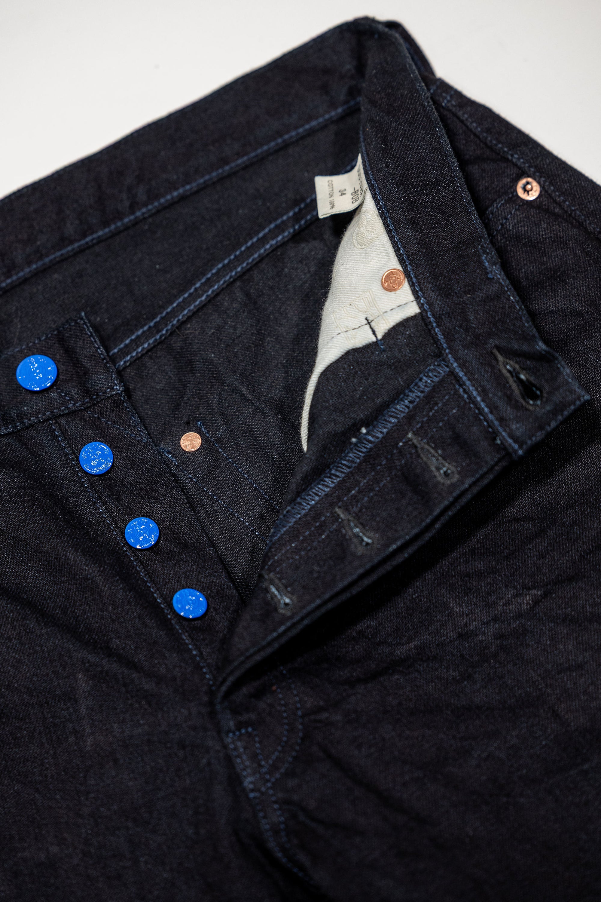 Samurai S0510XX-BOB Aoki Tachikage Regular Straight - 15oz Black-on-Blue Denim - Button Fly Details