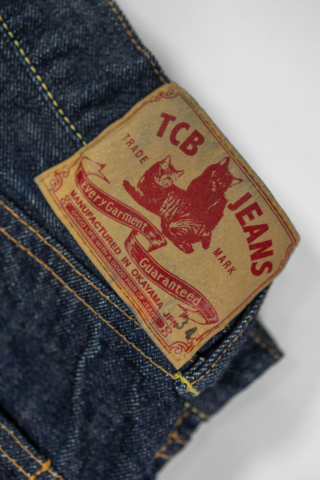 TCB Jeans 50's Jeans - 13.50z Denim One Wash. close up of leather patch