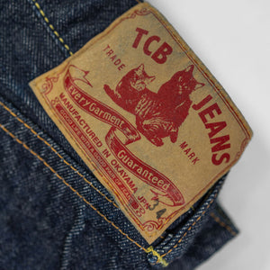 TCB Jeans 50's Jeans - 13.50z Denim One Wash. close up of leather patch