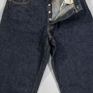 TCB Jeans Baggy 50's Jeans - 13.5oz Denim One Wash. laid on back with front buttons undone