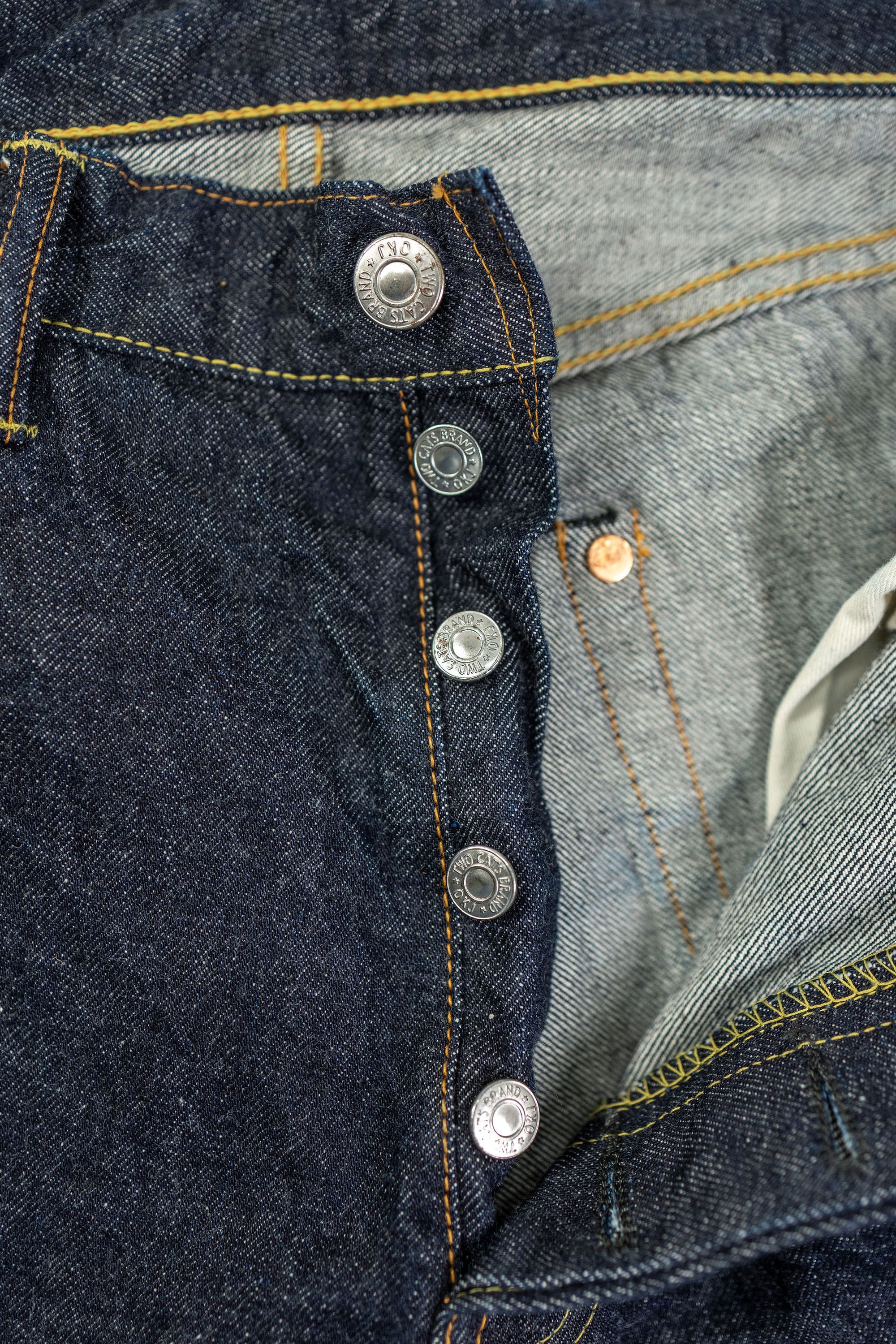 TCB Jeans Baggy 50's Jeans - 13.5oz Denim One Wash. close up of front buttons