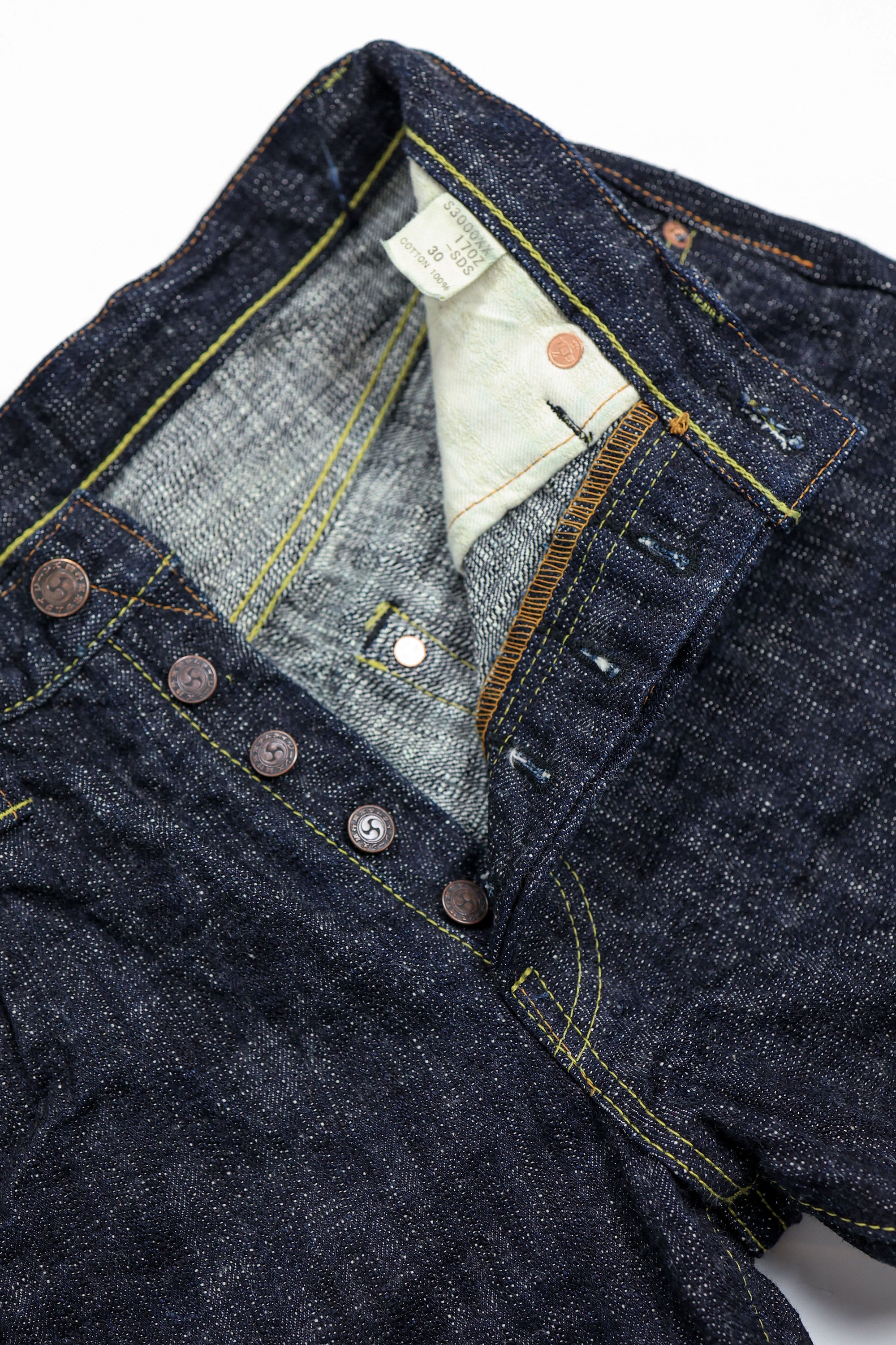 Samurai S3000XX17oz-SDS Relax Straight - "Murasame" 17oz Slub - Button Fly Front Detail