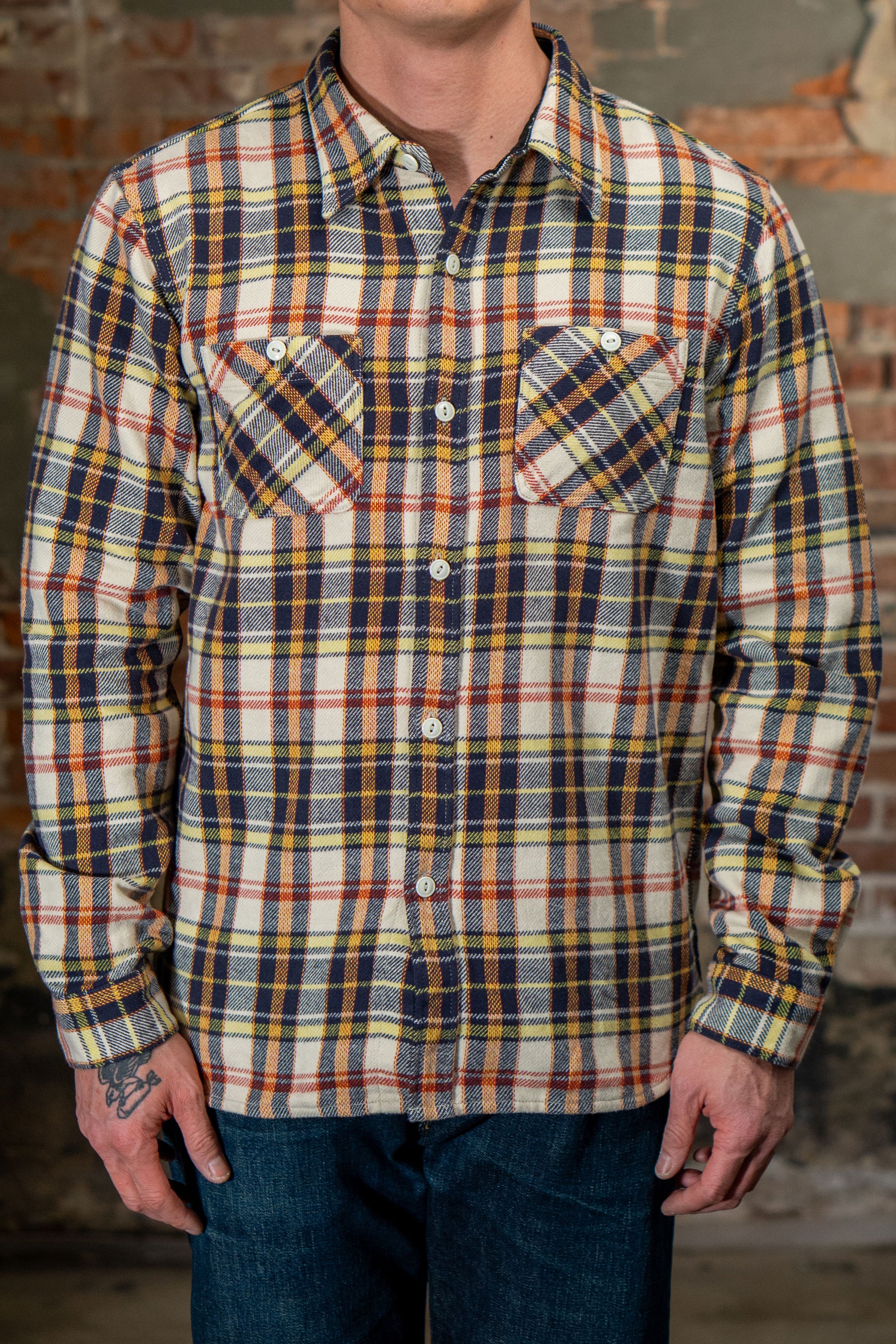 The Flat Head FN-SNR-014L Check Flannel Work Shirt - Ivory/Black