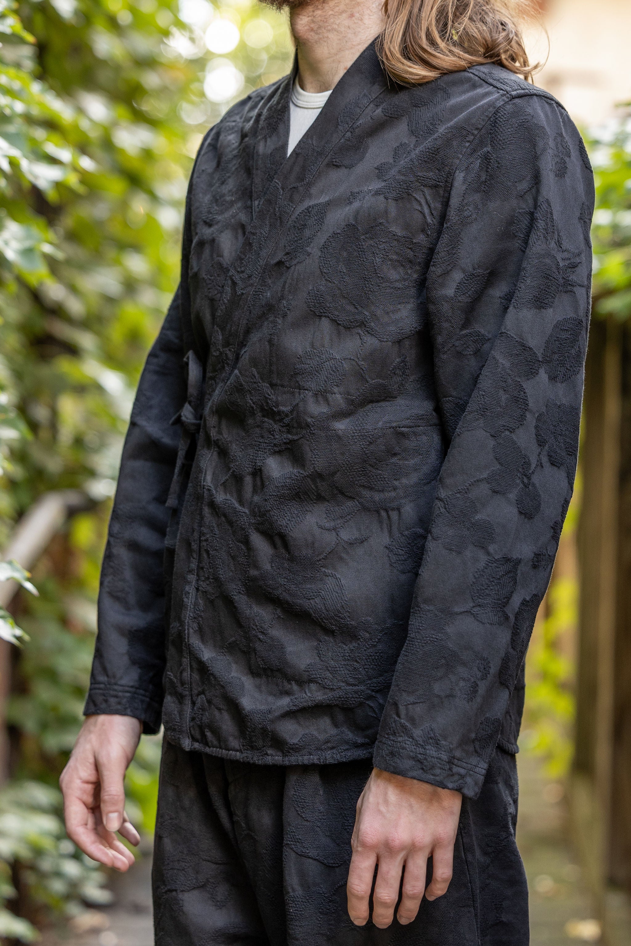 Hansen Garments Roman Loose Cut Jacket - Black Flowers - model shot - side facing