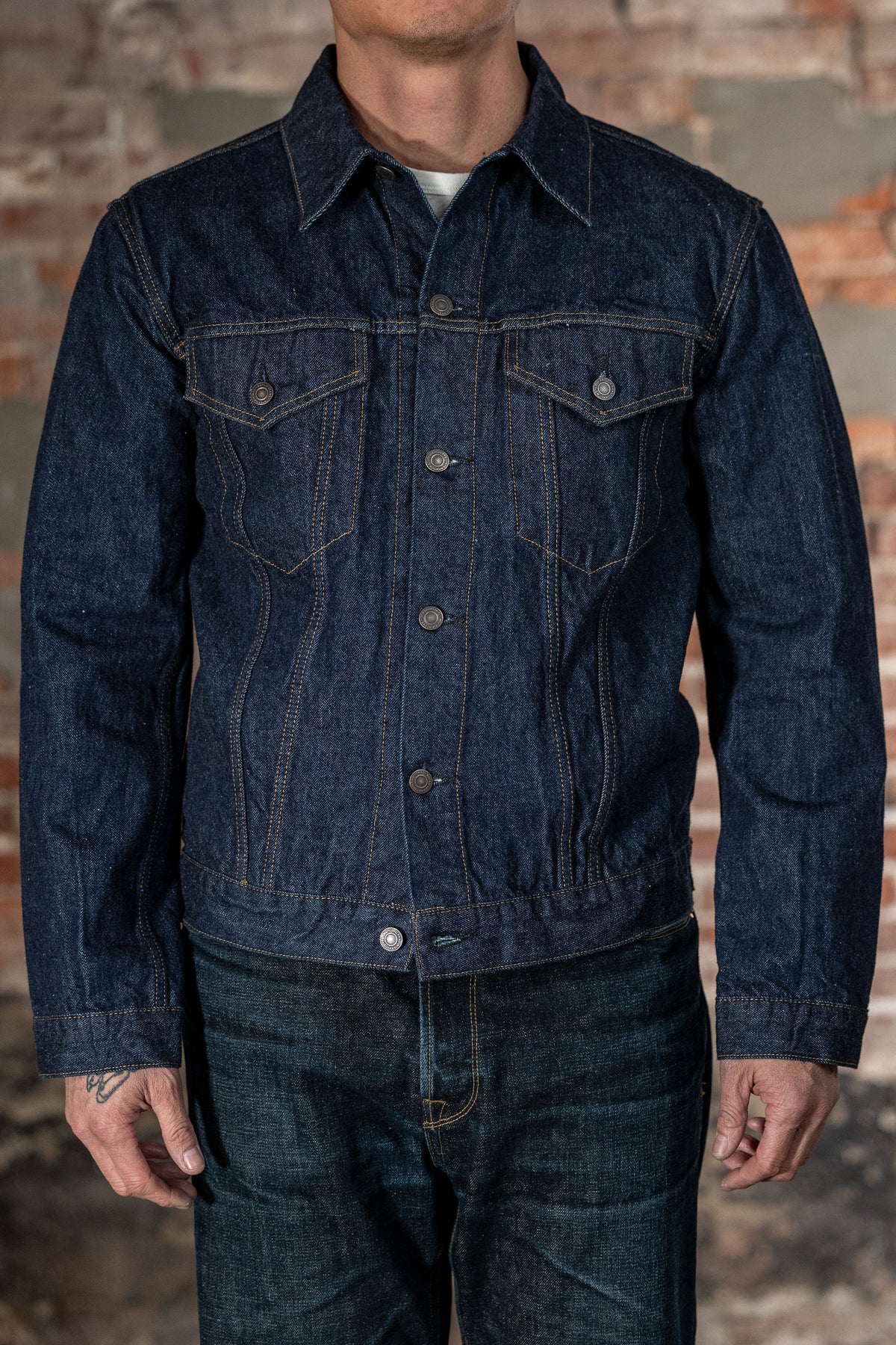 TCB Jeans 60's Trucker Jacket - One-Wash. on model front profile