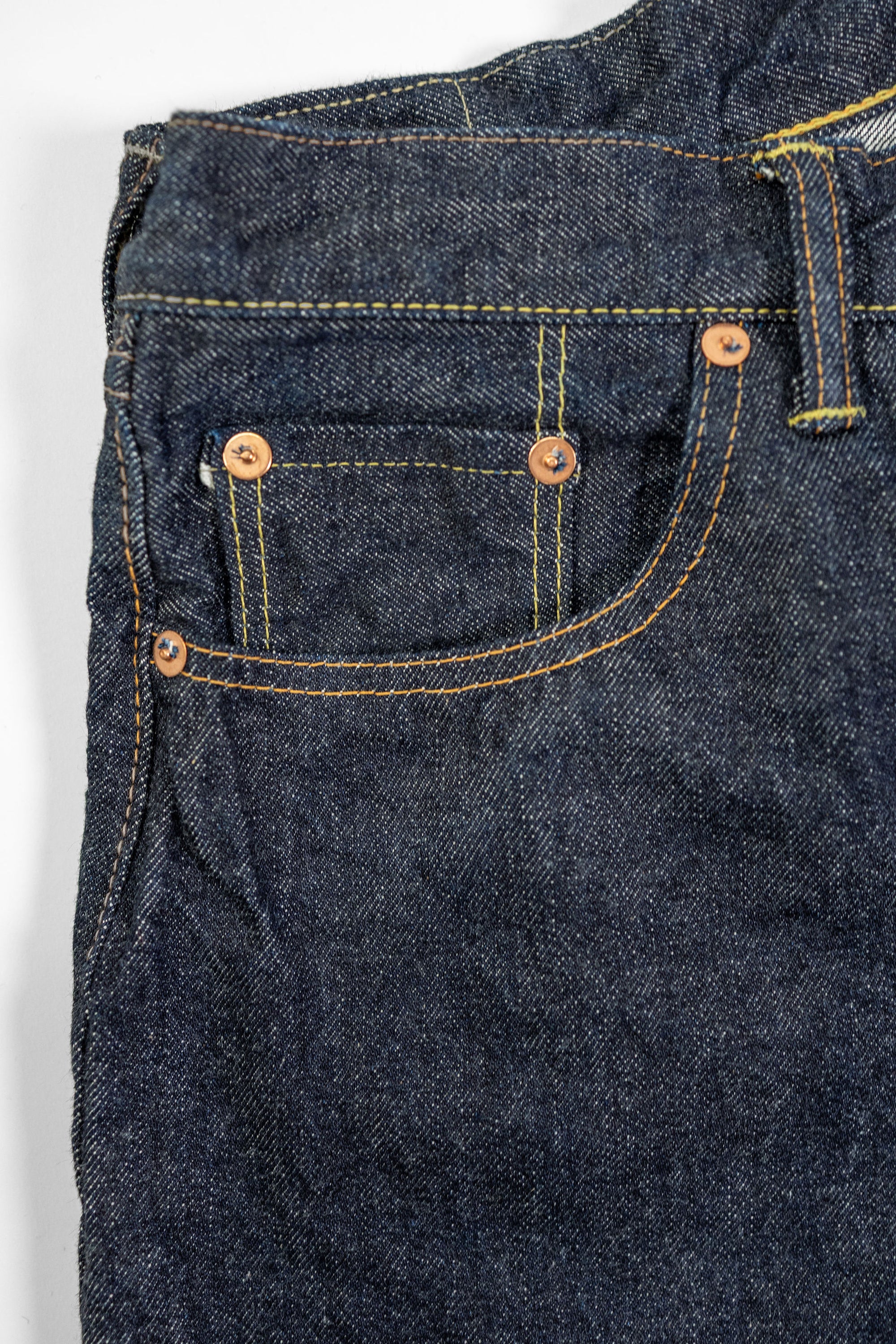 TCB Jeans Baggy 50's Jeans - 13.5oz Denim One Wash. close up of front pocket