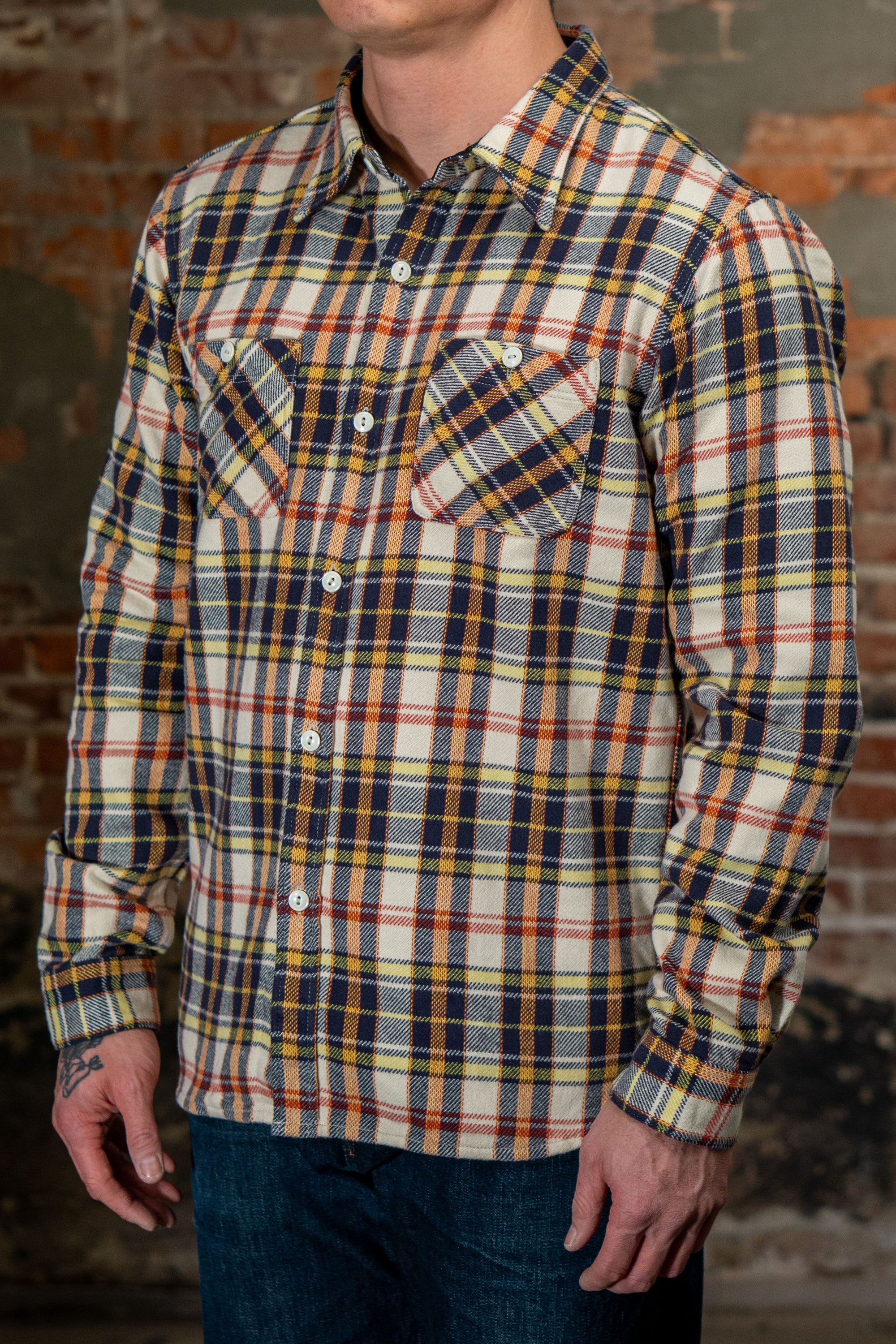 The Flat Head FN-SNR-014L Check Flannel Work Shirt - Ivory/Black