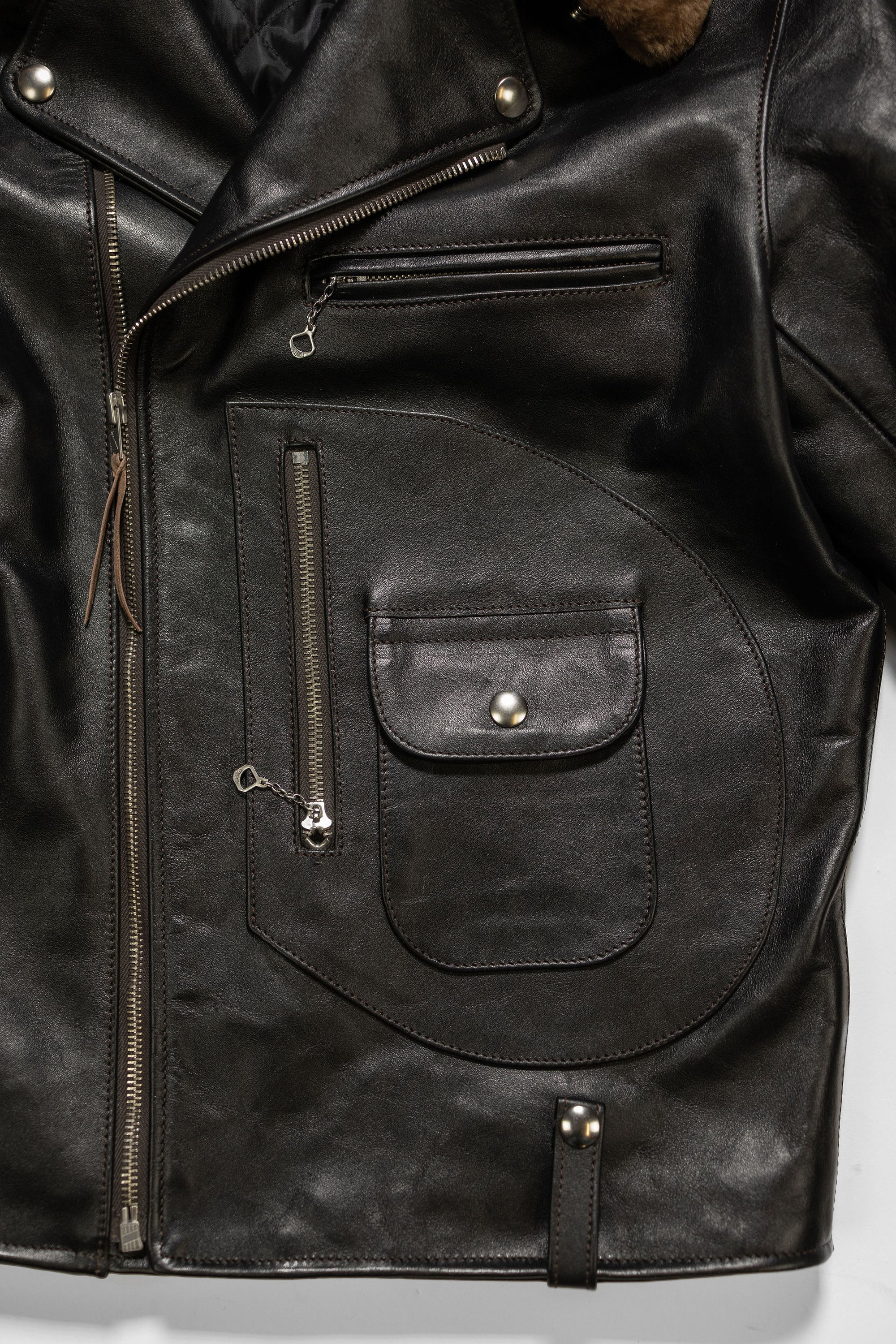 Double Helix - Innovator with Fur Collar Black Teacore Horsehide - Front Pocket Detail