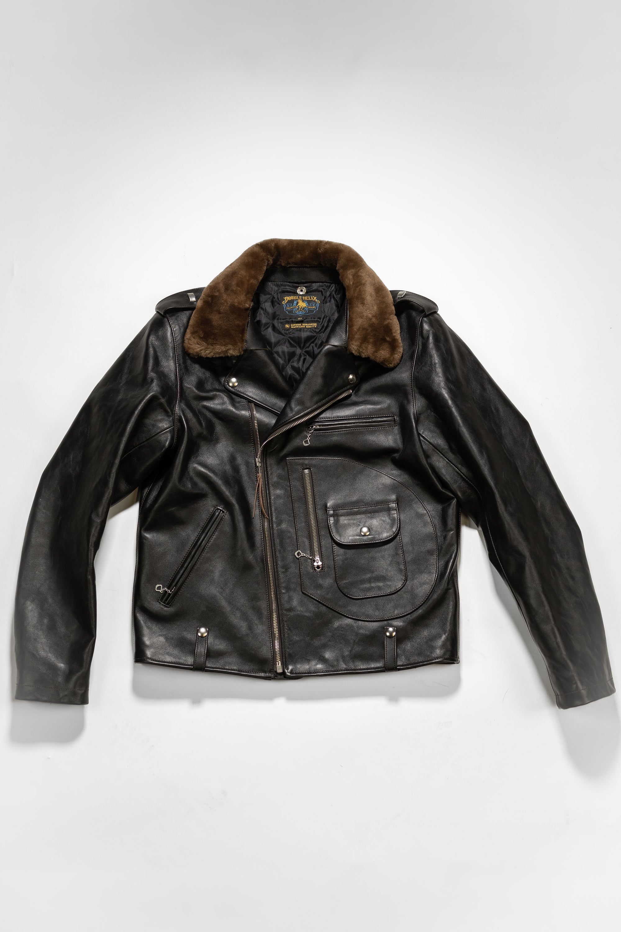 Double Helix - Innovator with Fur Collar Black Teacore Horsehide - Flat Lay Front