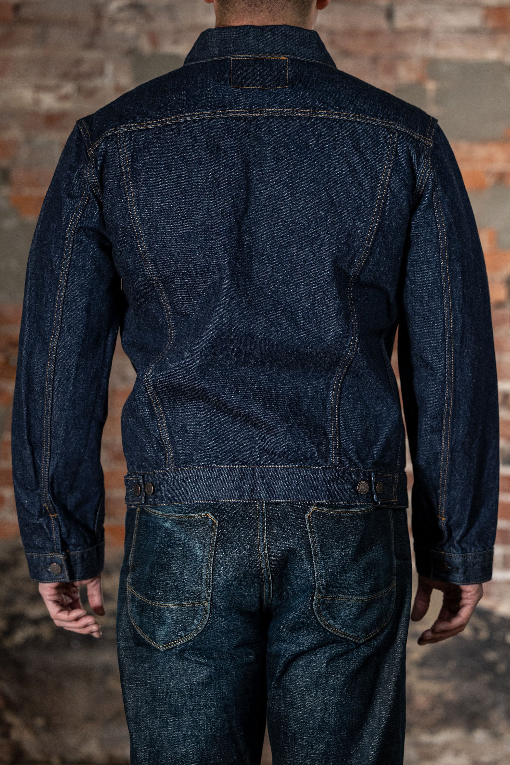 TCB Jeans 60's Trucker Jacket - One-Wash. on model back profile