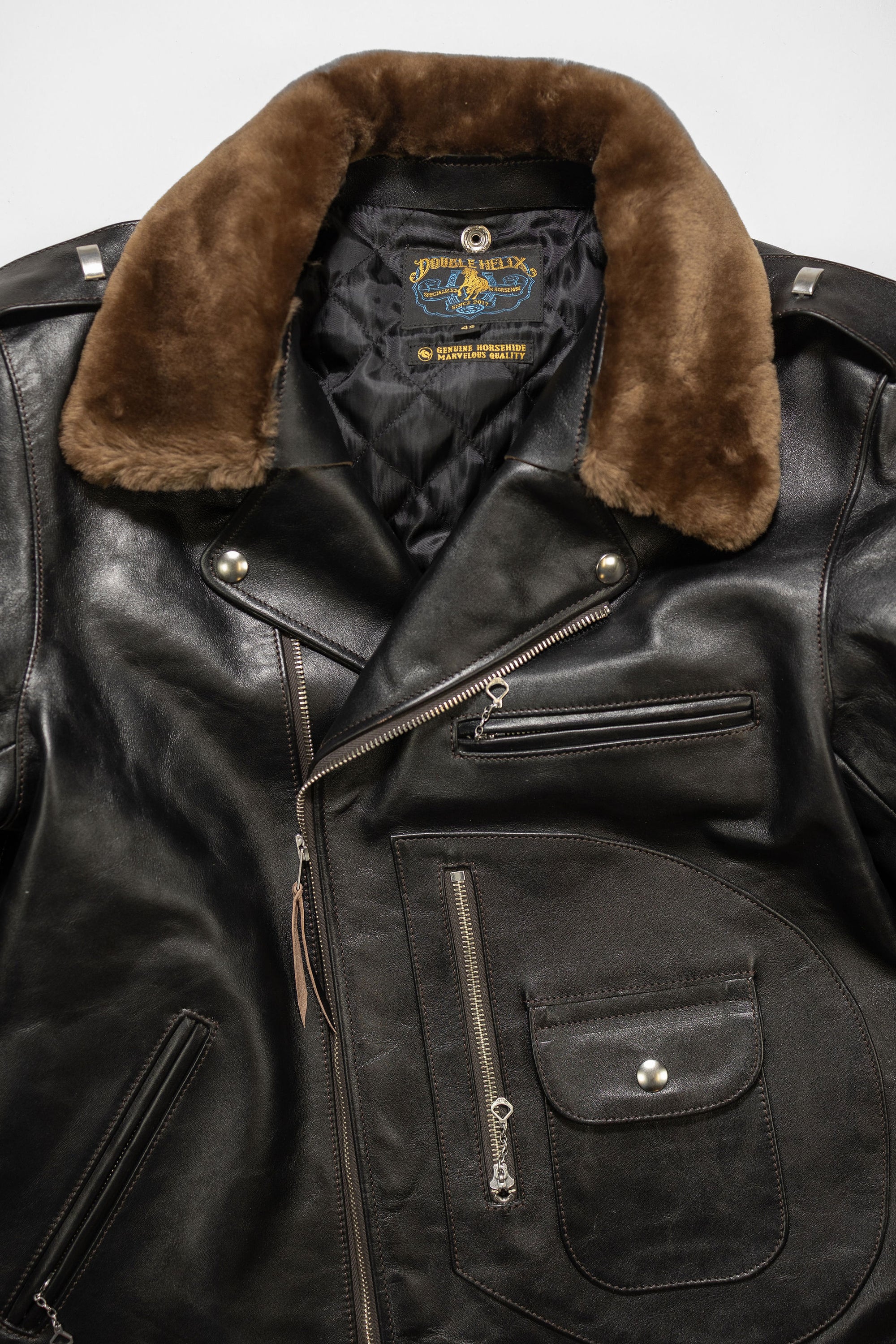 Double Helix - Innovator with Fur Collar Black Teacore Horsehide - Flat Lay Front Details