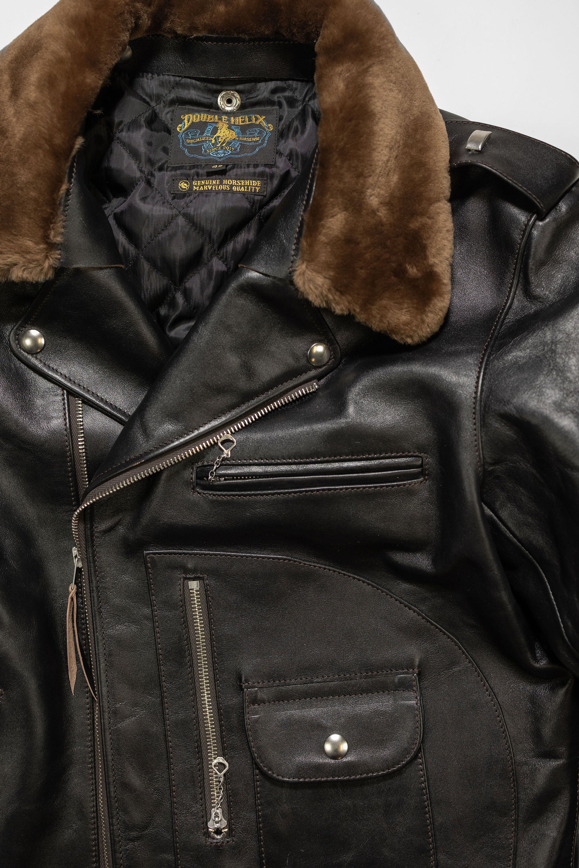 Double Helix - Innovator with Fur Collar Black Teacore Horsehide - Flat Lay Front Details