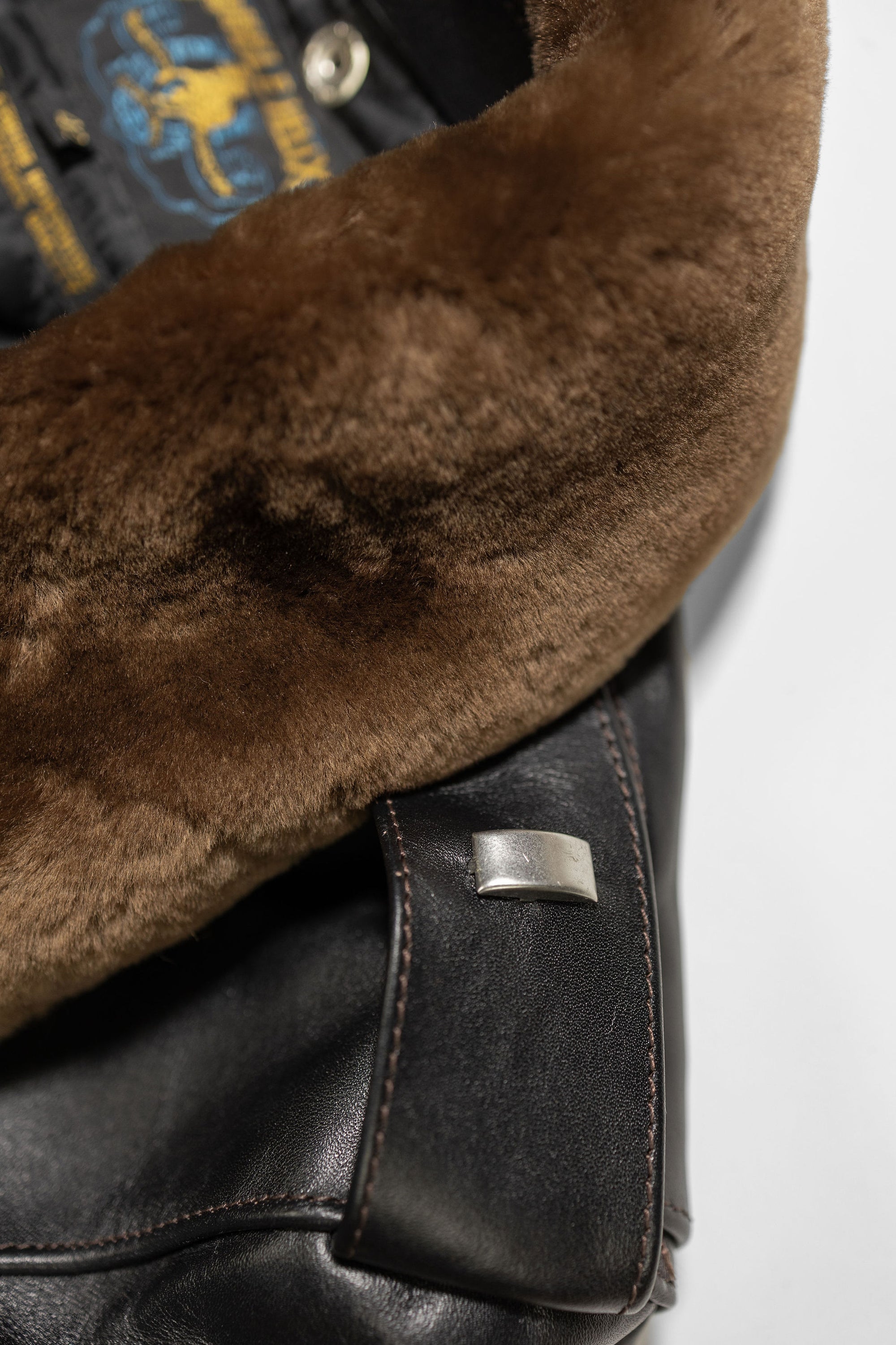 Double Helix - Innovator with Fur Collar Black Teacore Horsehide - Flat Lay Collar and Shoulder Detail