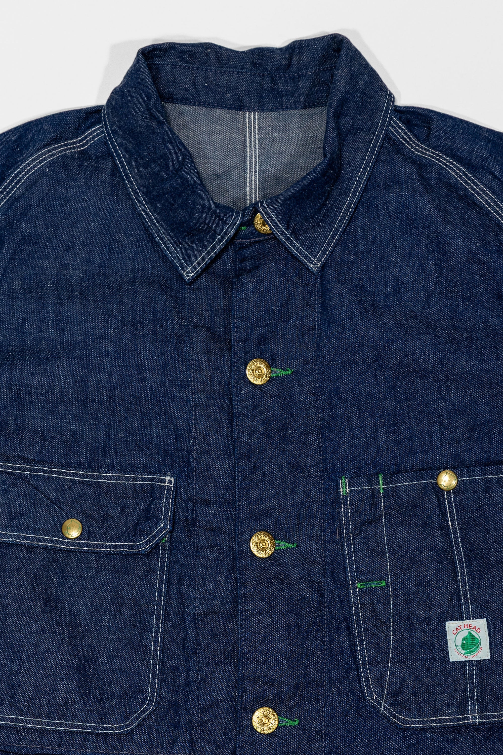 TCB Jeans Cat Head Jacket - Indigo Denim. close up of front
