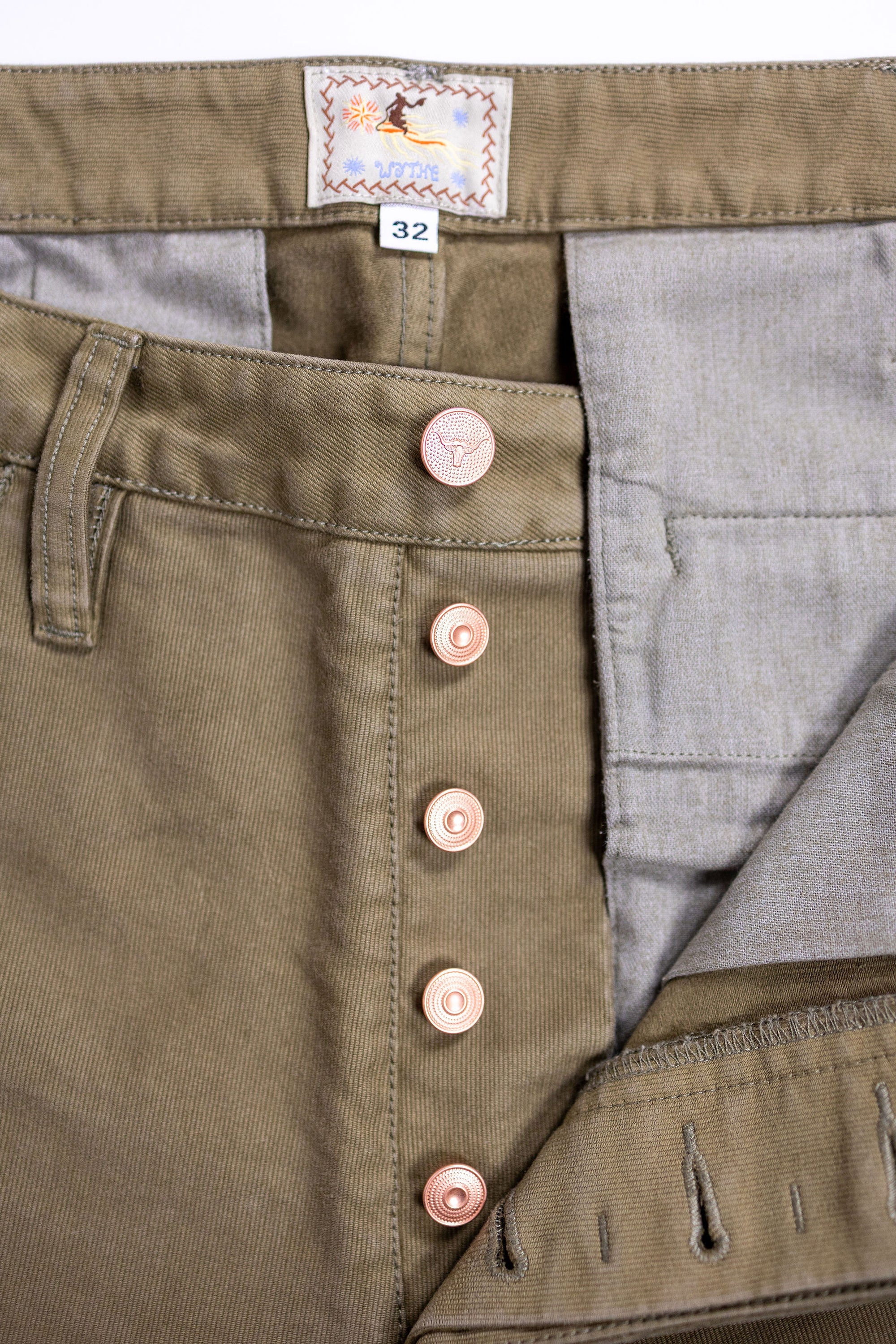 Wythe Deck Pant - Faded Olive - Button Fly Detail