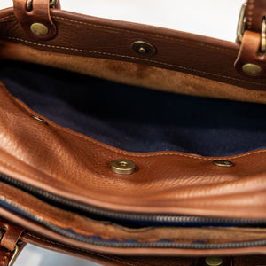 Bleu de Chauffe Folder Business Bag - Amber Brown. close up shot of second bag opening
