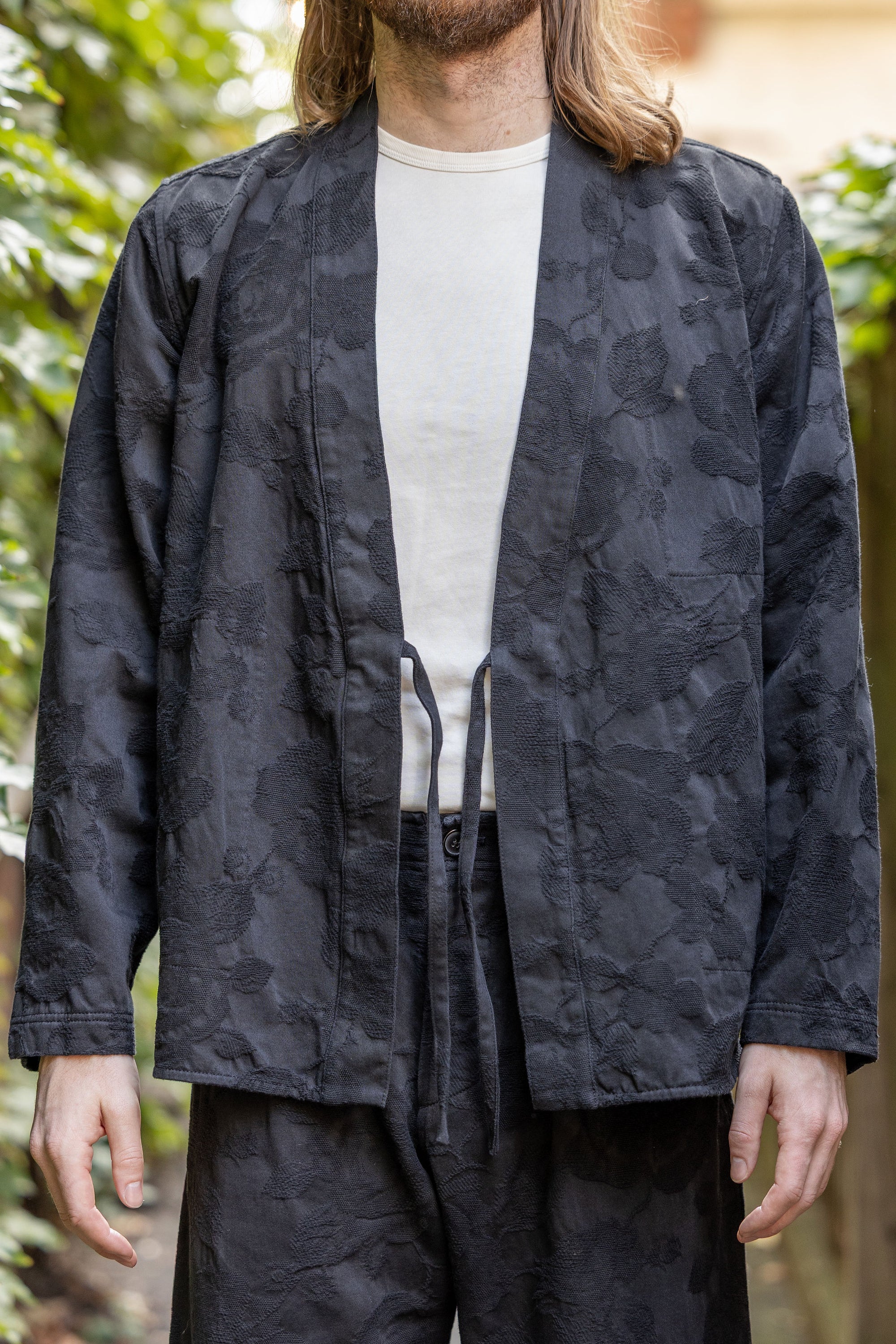 Hansen Garments Roman Loose Cut Jacket - Black Flowers - model shot - front facing - open
