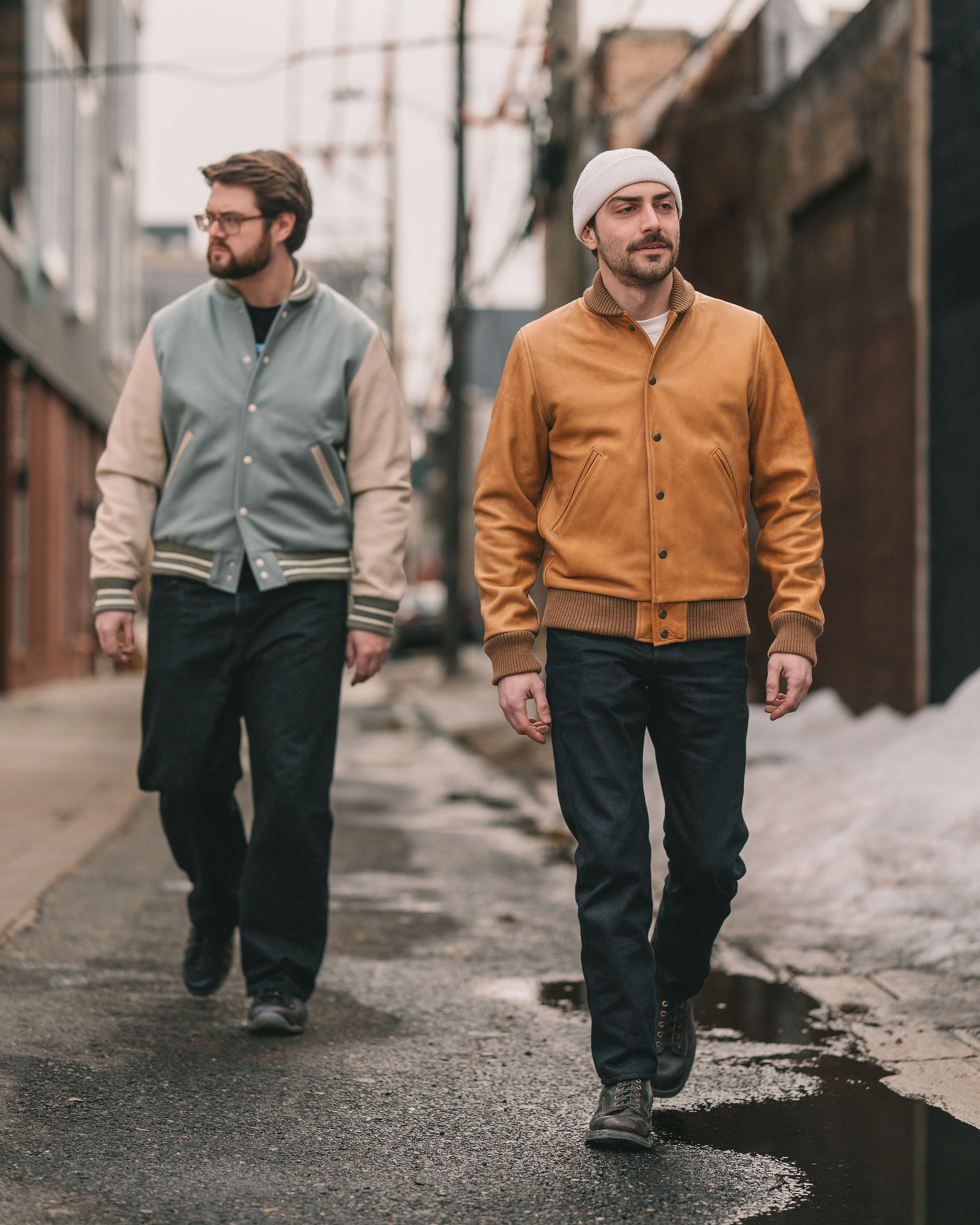 Dehen 1920 Varsity Jacket - Reef Wool / Milk Leather. model left hand side with another model