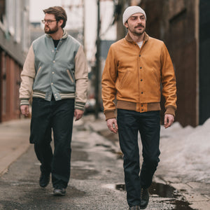 Dehen 1920 Varsity Jacket - Reef Wool / Milk Leather. model left hand side with another model