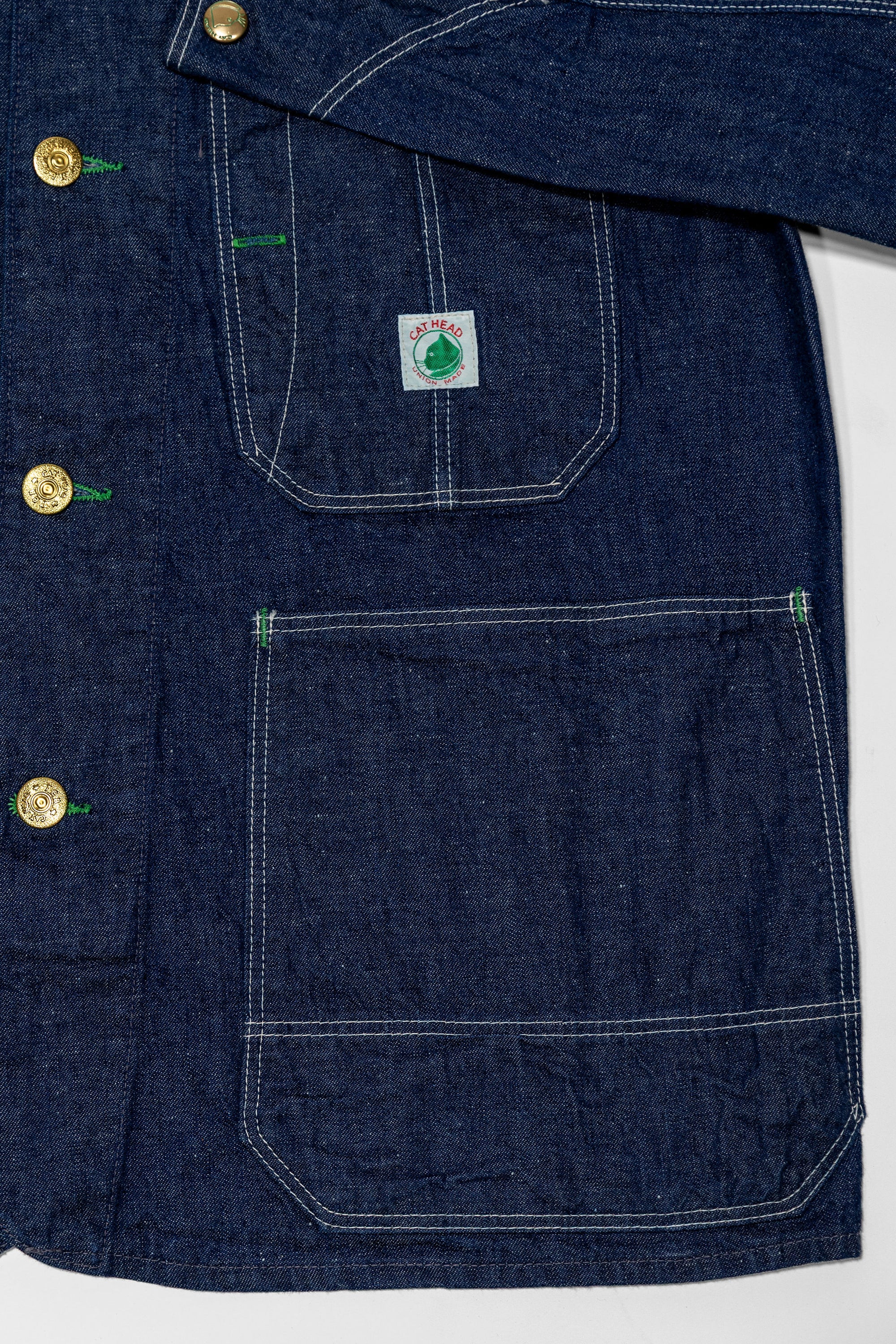 TCB Jeans Cat Head Jacket - Indigo Denim. close up of bottom front pocket