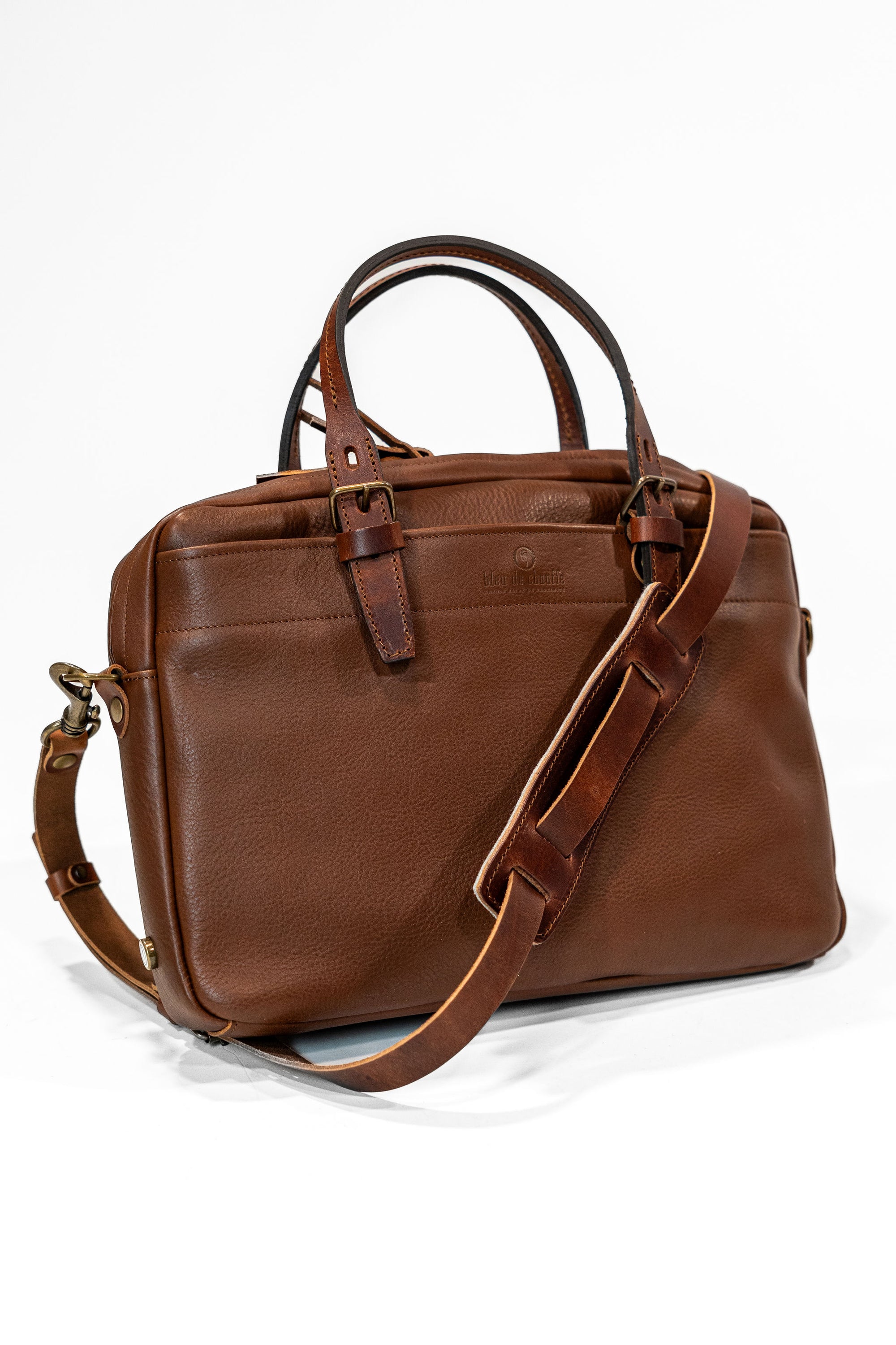 Bleu de Chauffe Folder Business Bag - Amber Brown. three quarter profile standing