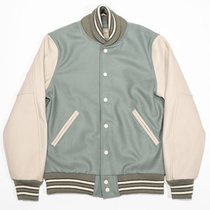 Dehen 1920 Varsity Jacket - Reef Wool / Milk Leather. laid on back