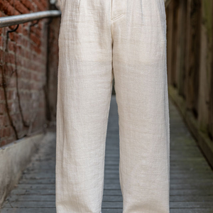 Hansen Garments Bobby Wide Pleated Trousers - Off White Gauze - model shot - waist down - front facing