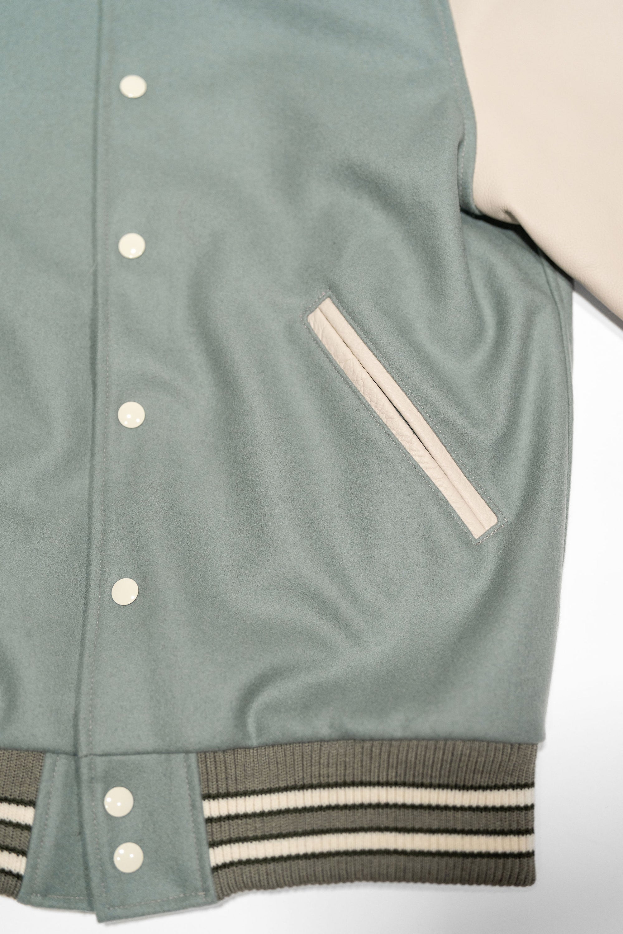 Dehen 1920 Varsity Jacket - Reef Wool / Milk Leather. close up on pocket detail