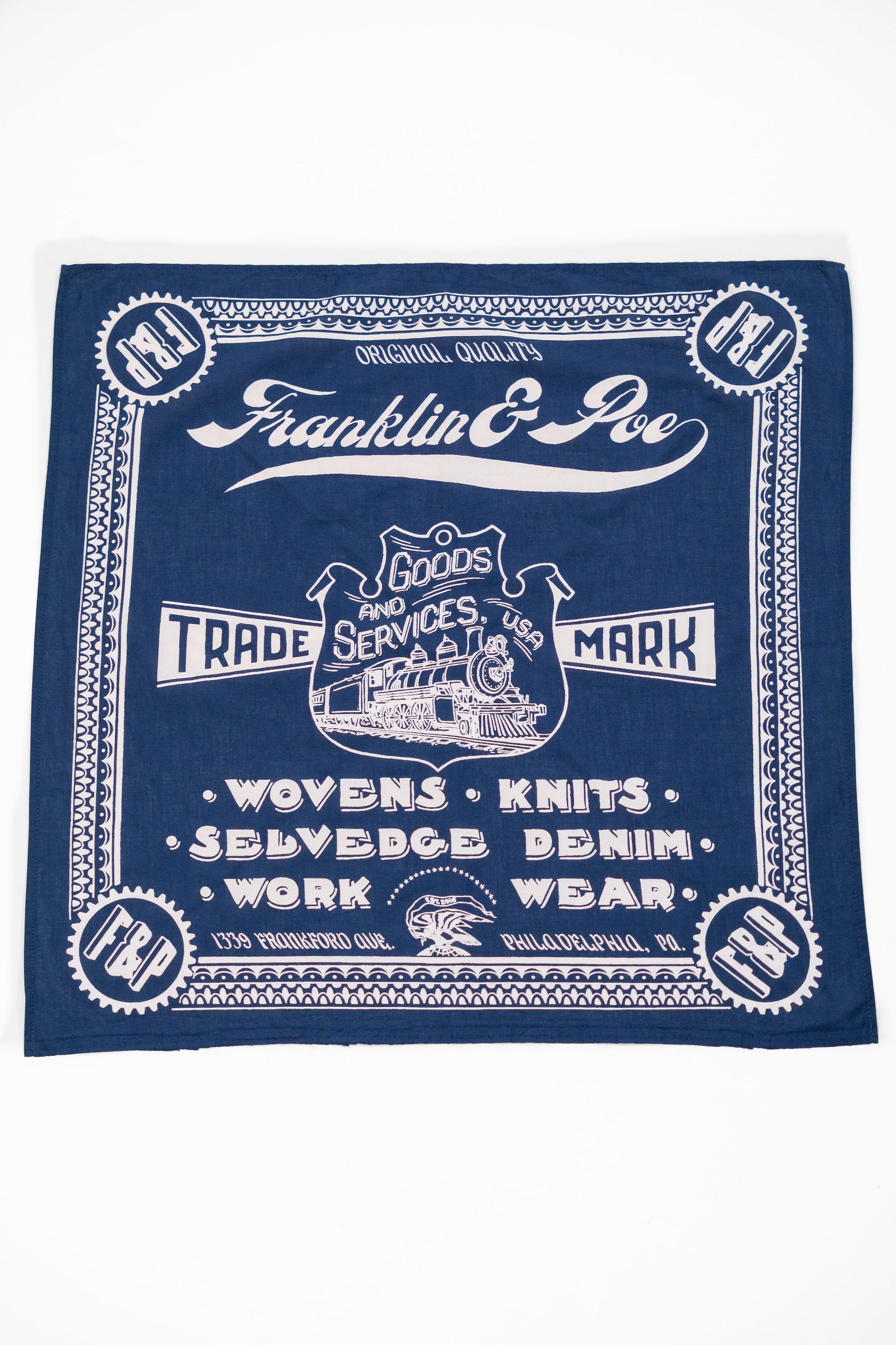 Navy bandana with custom white design and text