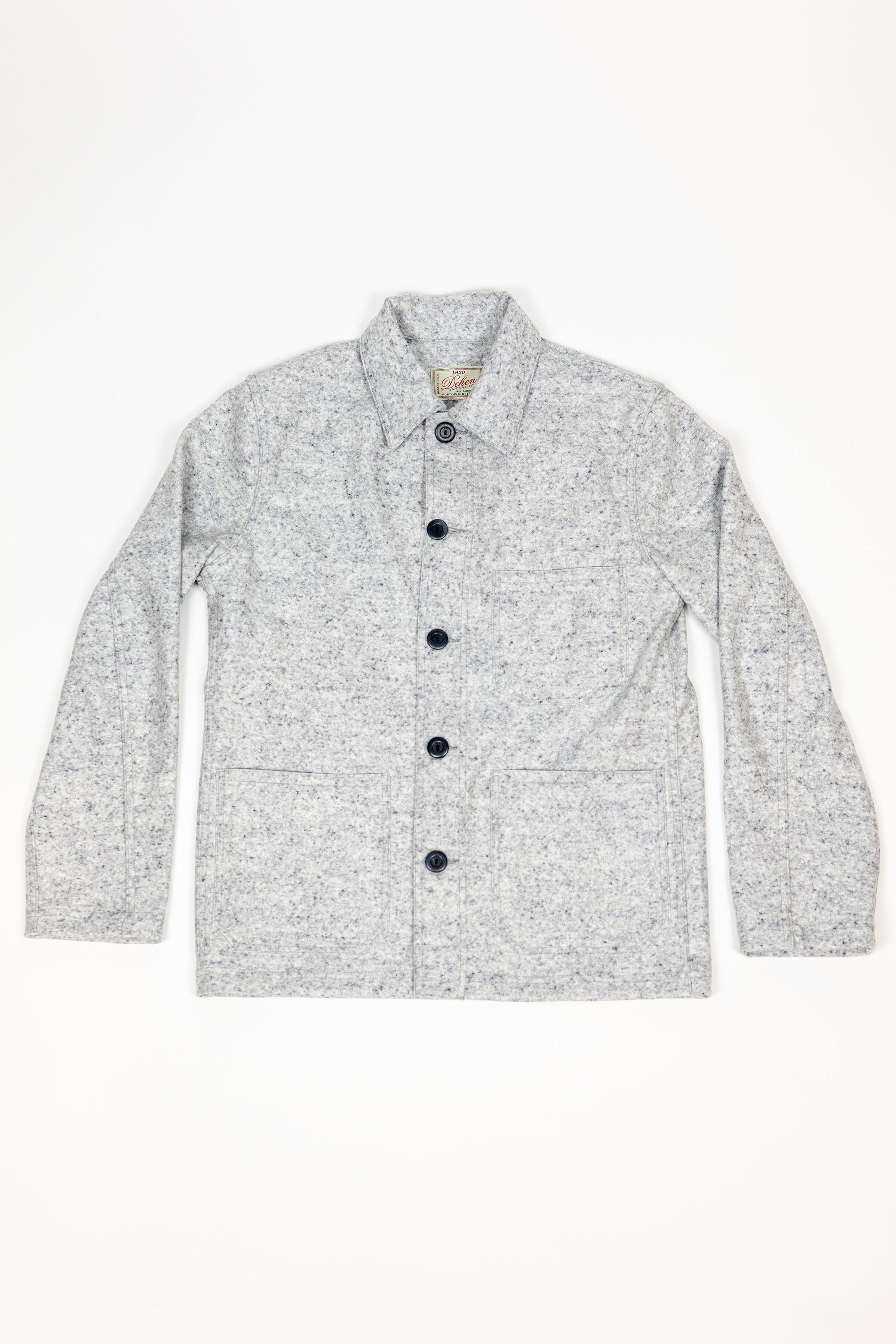Dehen 1920 Chore Coat - Natural & Navy Heather Wool. laid on back