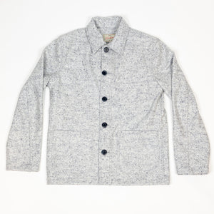 Dehen 1920 Chore Coat - Natural & Navy Heather Wool. laid on back