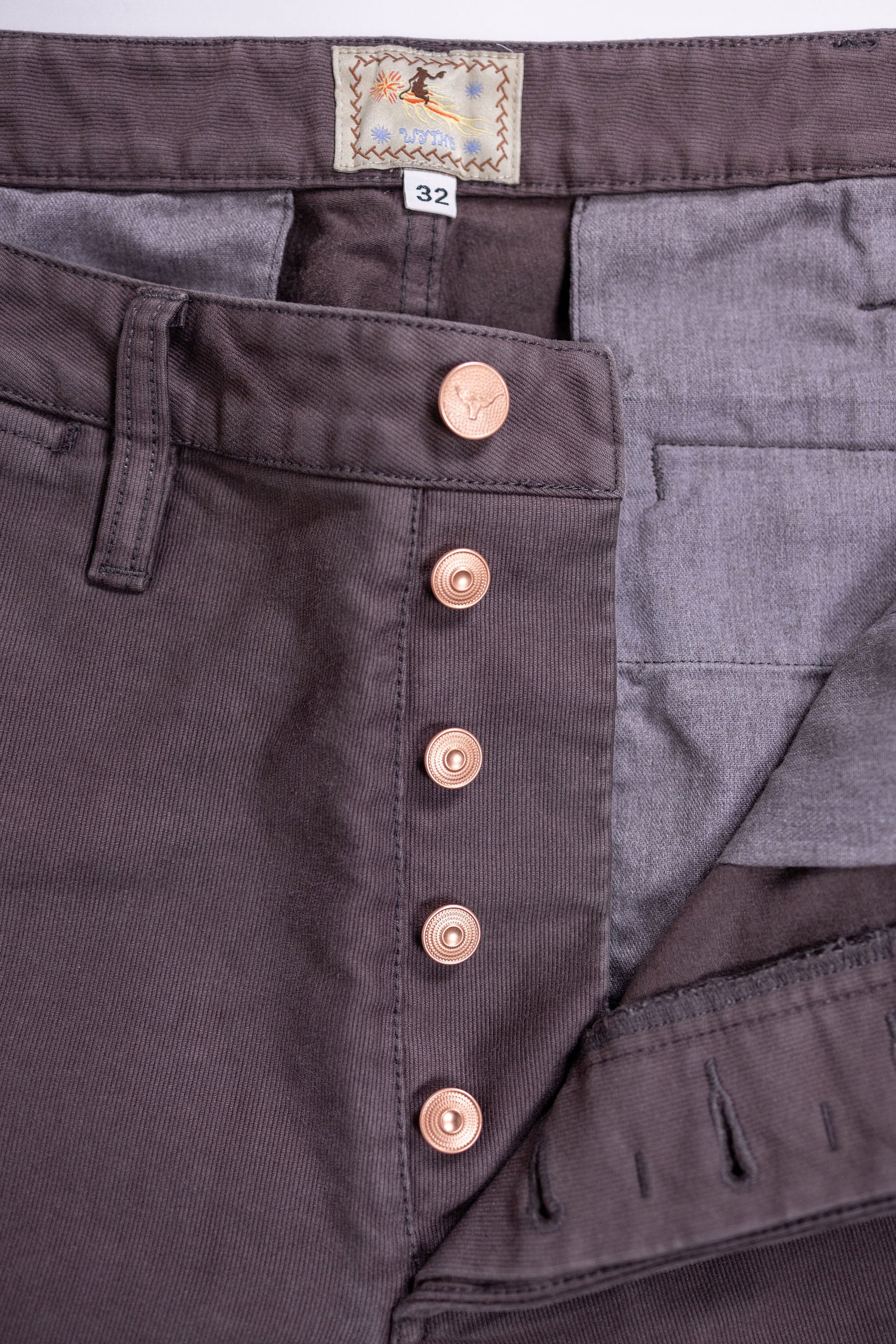 Wythe Deck Pant - Dusty Purple - Button Fly Detail