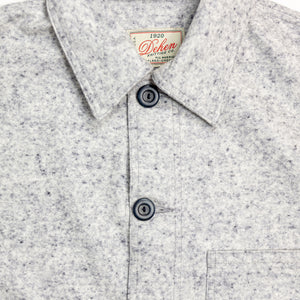 Dehen 1920 Chore Coat - Natural & Navy Heather Wool. close up of front button detail