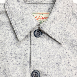 Dehen 1920 Chore Coat - Natural & Navy Heather Wool. close up of front button detail