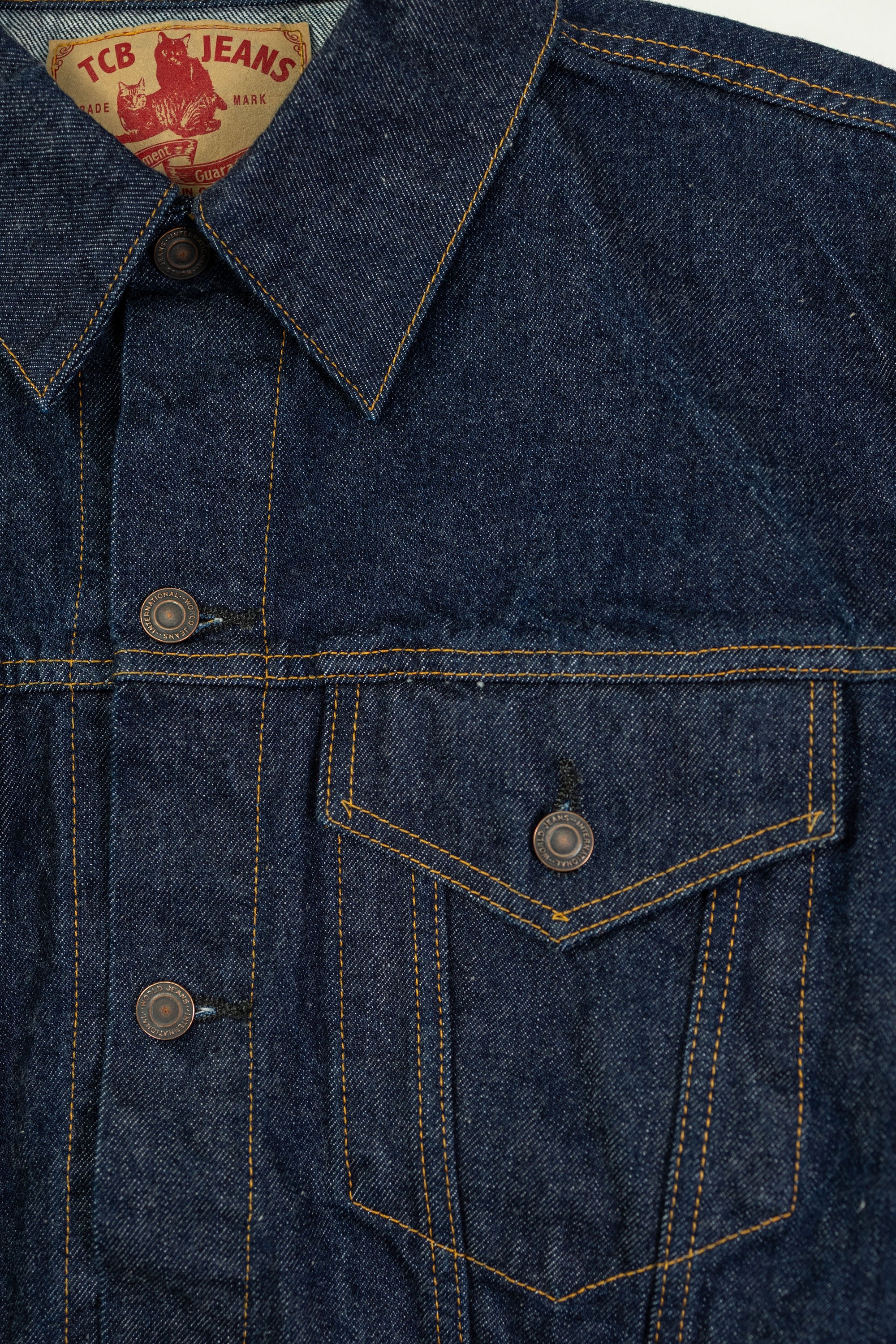 TCB Jeans 60's Trucker Jacket - One-Wash. close up of front top pocket